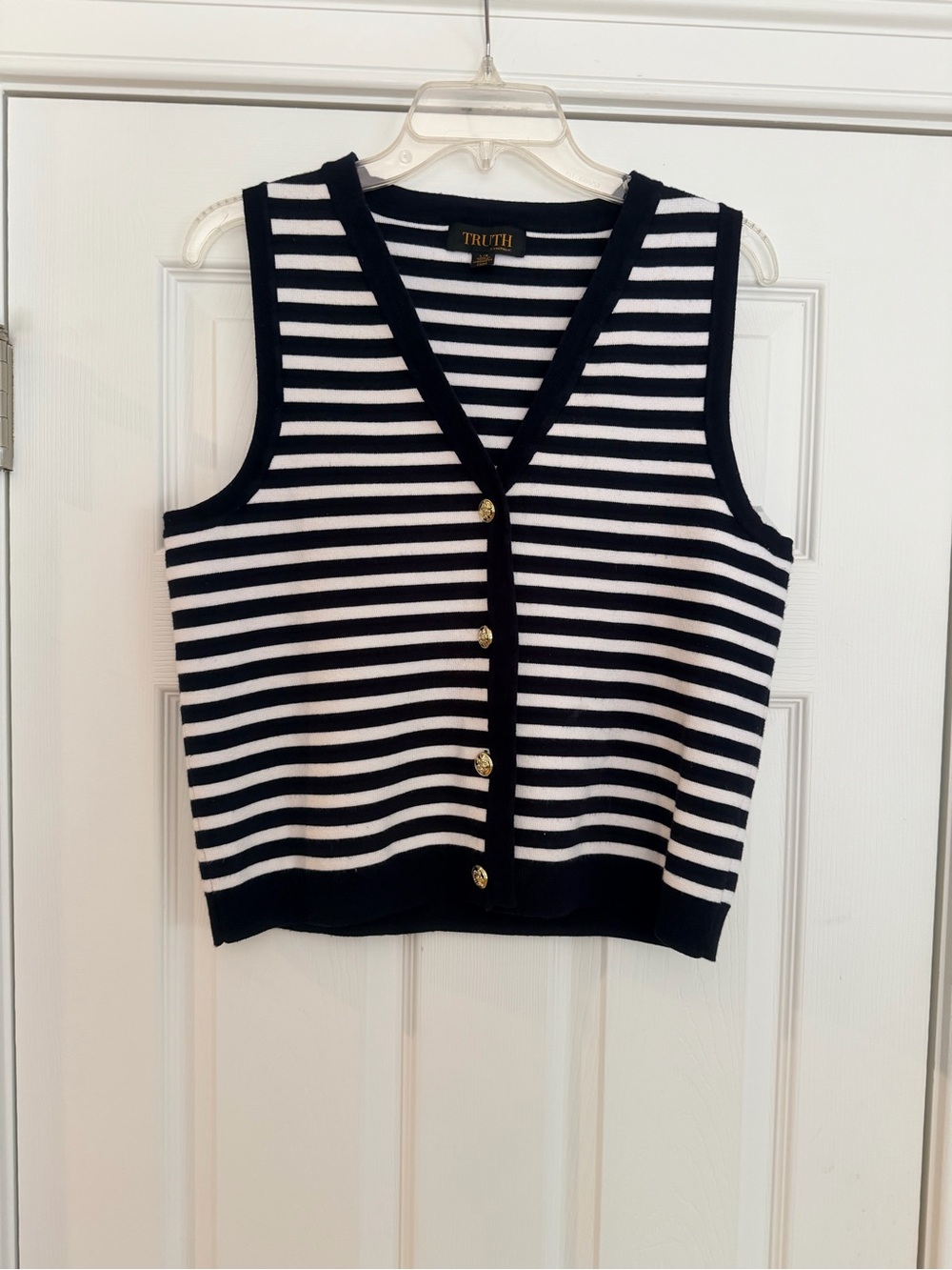 Ladies Size Large "Truth" Navy and White Striped Knit Button-Front Tank GUC